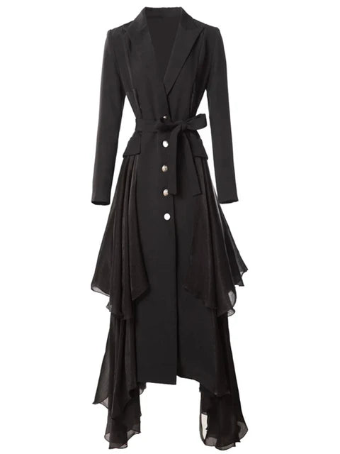 Single breasted ruffle edge split tie long sleeved windbreaker jacket