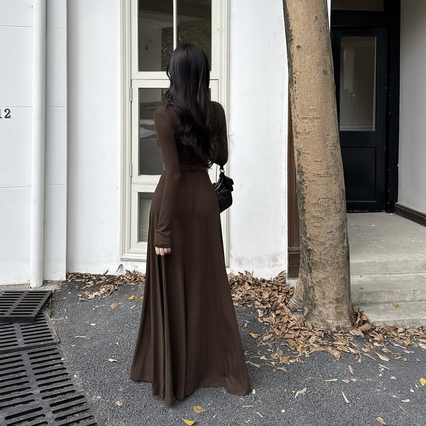 Autumn vintage Hepburn style big swing waist dress