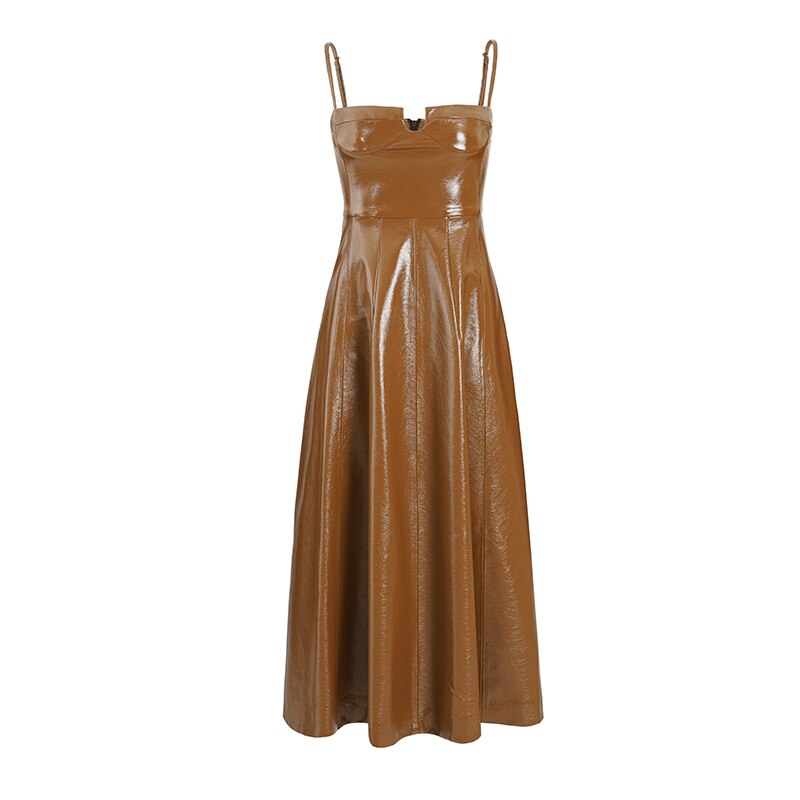 Premium Sense Of Modern Retro Chic High Waist Temperament Slim Halter Leather Lining Dress