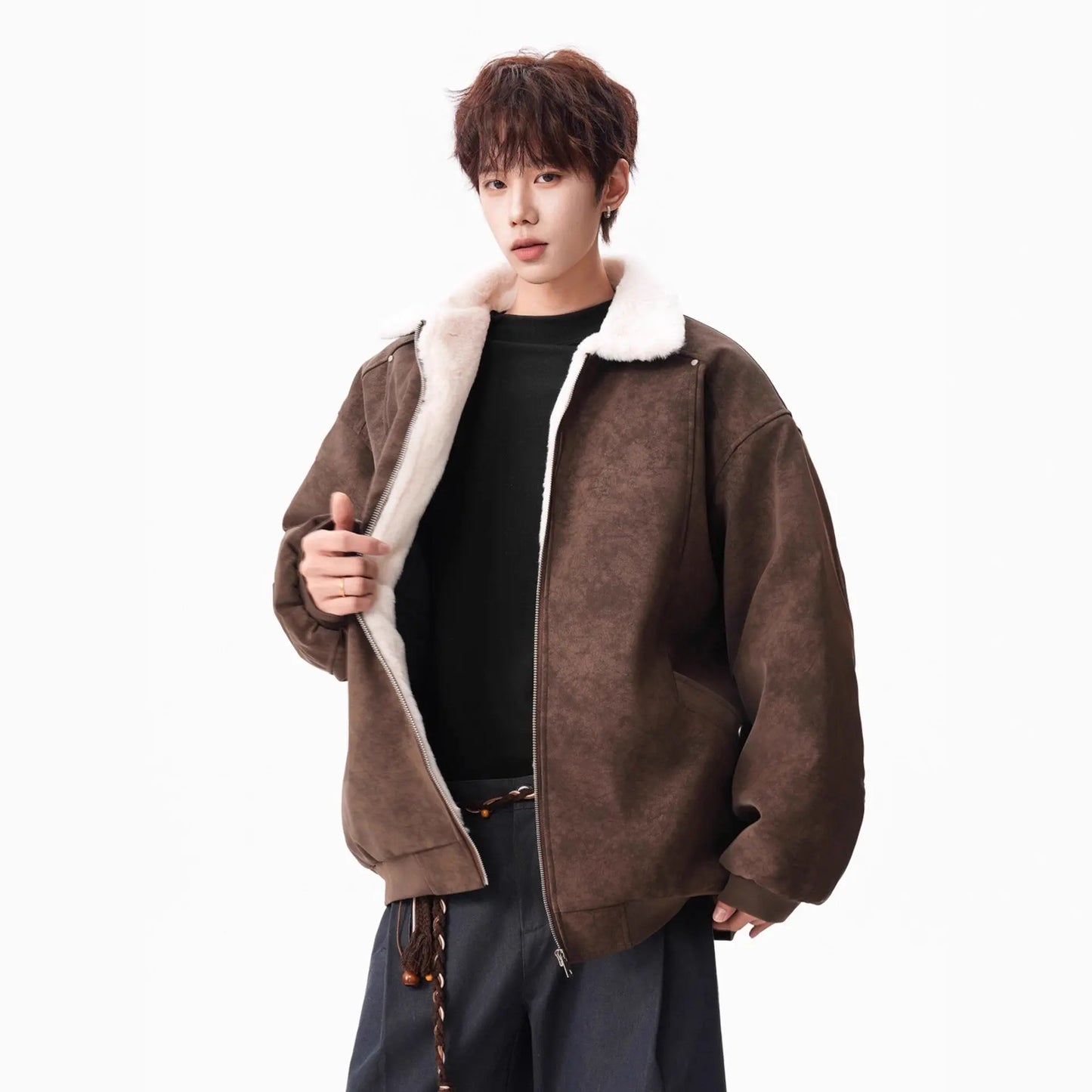 Lamb Velvet PU Leather Cotton Coat for Men Winter Barn Style Cool and Stylish Thick Warm PU Leather Work Jacket Outerwear
