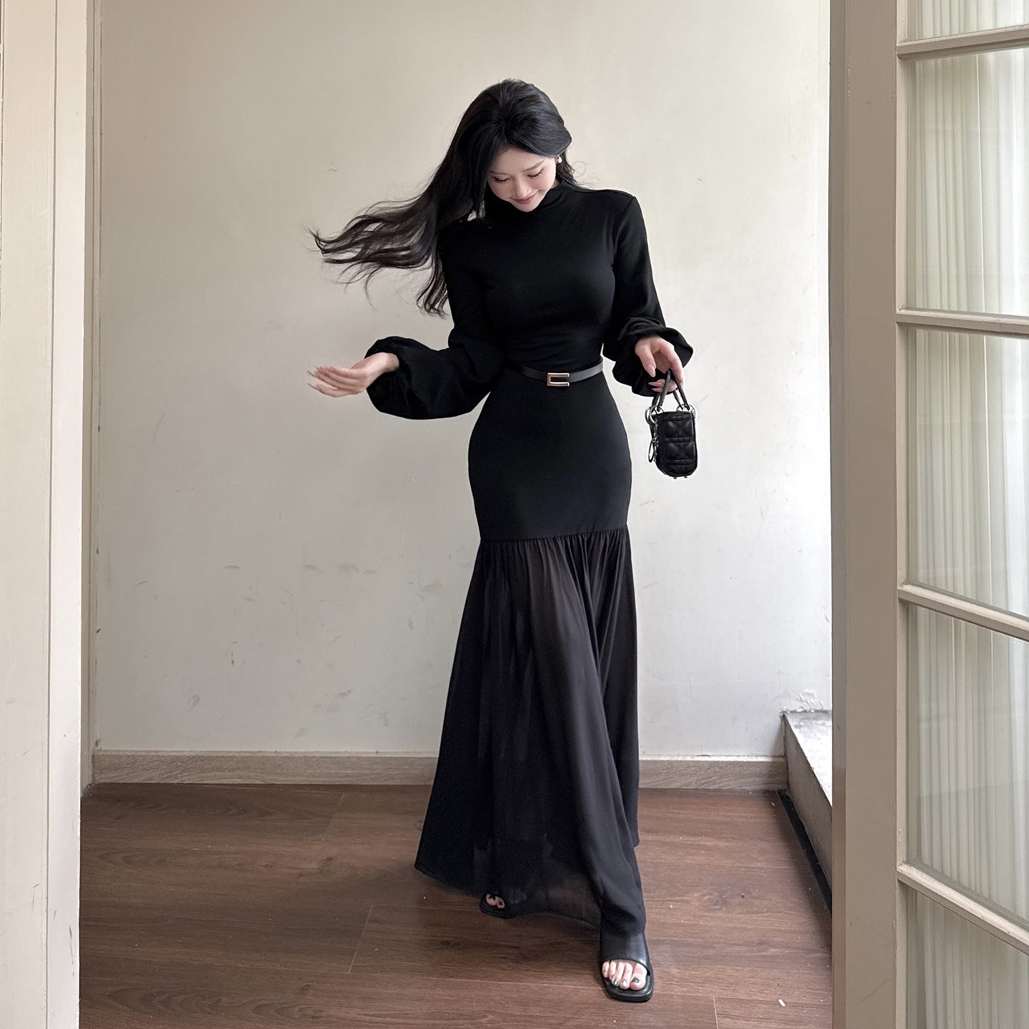 Waist cinching princess wind bag buttocks long skirt