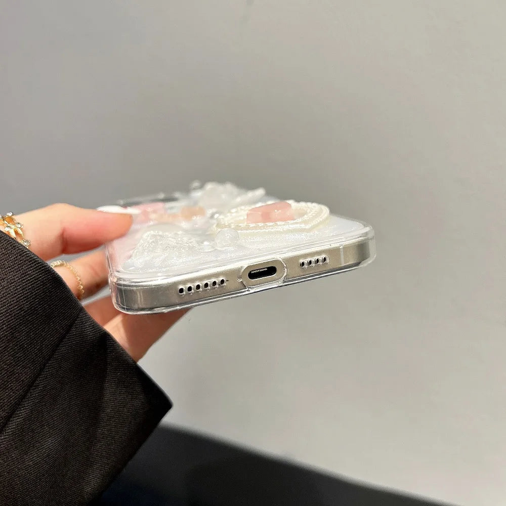 Korean Cute 3D Love Heart Pearl Butterfly Epoxy Phone Case For iPhone 17 Air 16 15 14 Plus 13 12 11 Pro Max Shockproof Cover