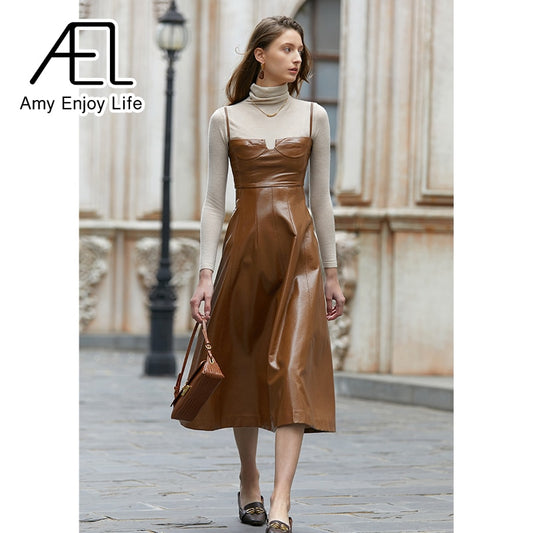 Premium Sense Of Modern Retro Chic High Waist Temperament Slim Halter Leather Lining Dress