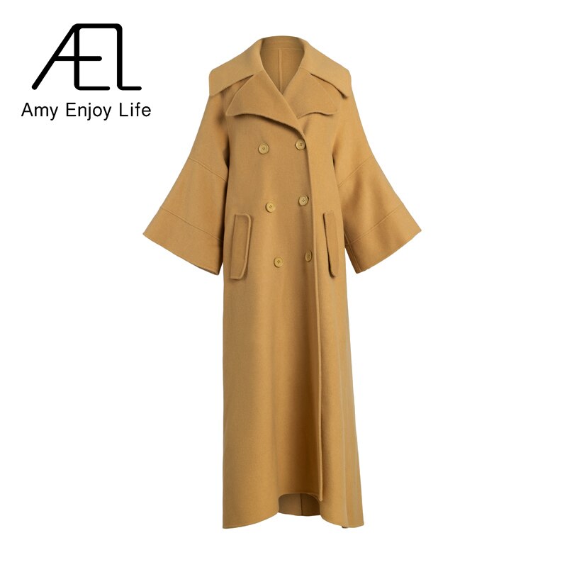 High End Customized Gardenia Yellow Big Cuffs Design Double-Sided Wool Coat Autumn And Winter New Women