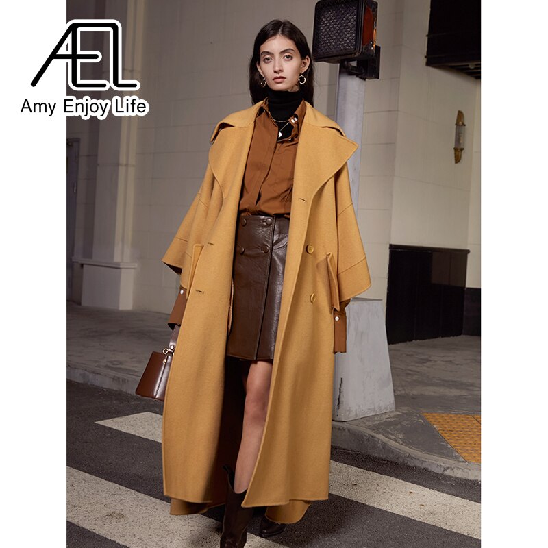 High End Customized Gardenia Yellow Big Cuffs Design Double-Sided Wool Coat Autumn And Winter New Women