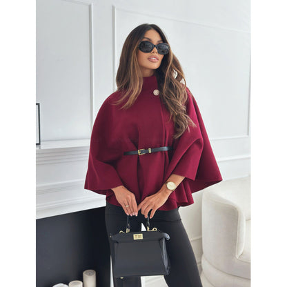 Fashionable Elegant Woolen Cape Coat for Women with Belted Waist, Solid Color, Winter Style