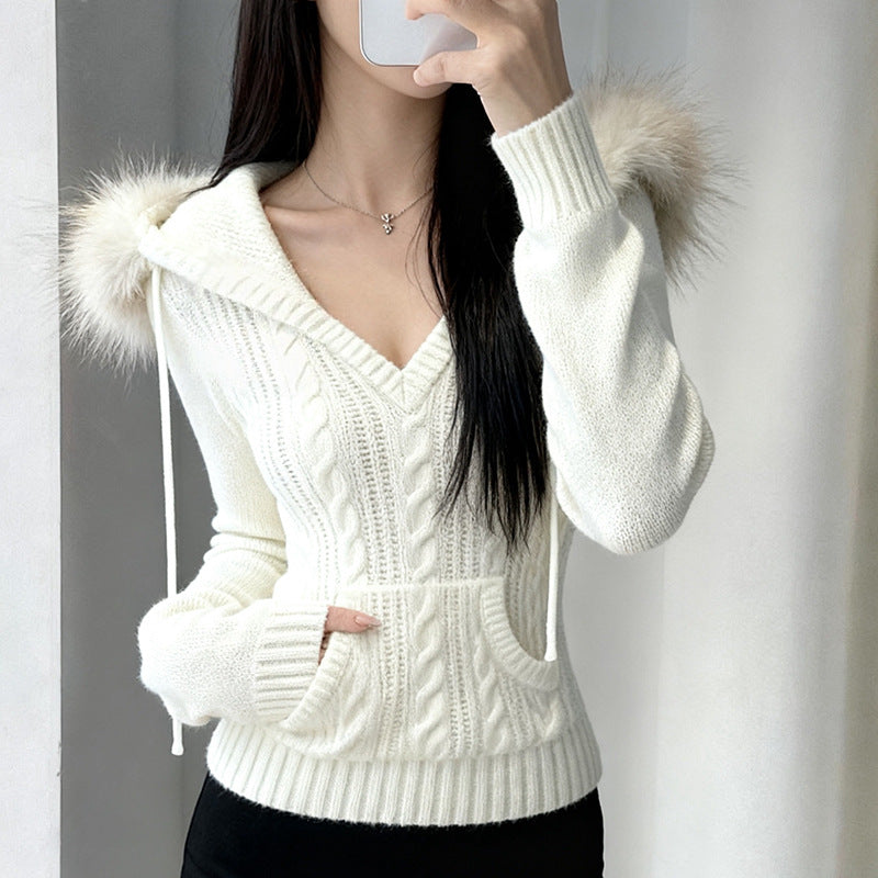 Hooded fur V-neck woven top slim fit and slimming jacket