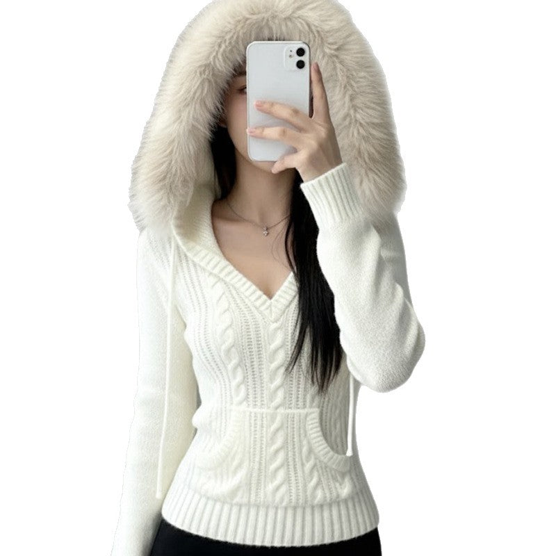 Hooded fur V-neck woven top slim fit and slimming jacket