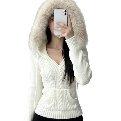 Hooded fur V-neck woven top slim fit and slimming jacket