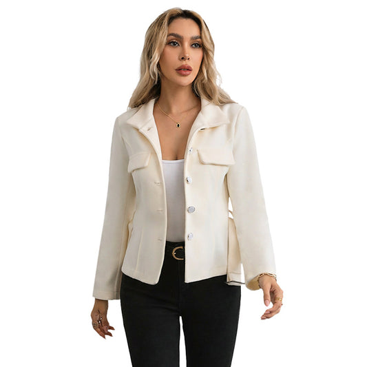 Elegant commuting style with lace up stand up collar solid color woolen coat