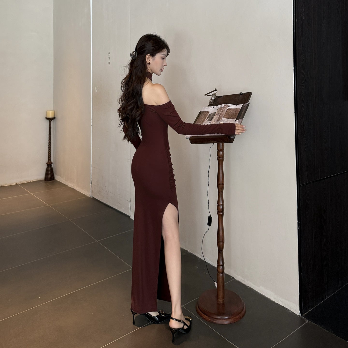 Slanted collar off shoulder hanging neck dress for women