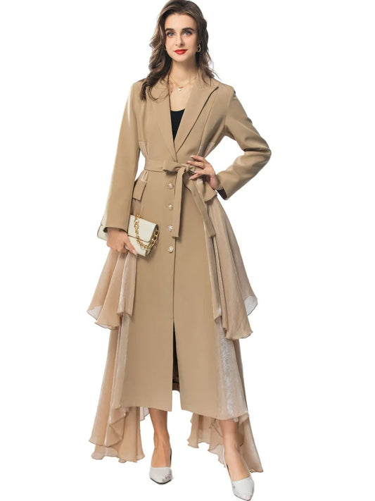 Single breasted ruffle edge split tie long sleeved windbreaker jacket