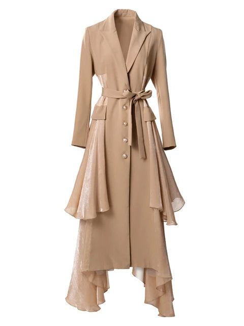 Single breasted ruffle edge split tie long sleeved windbreaker jacket