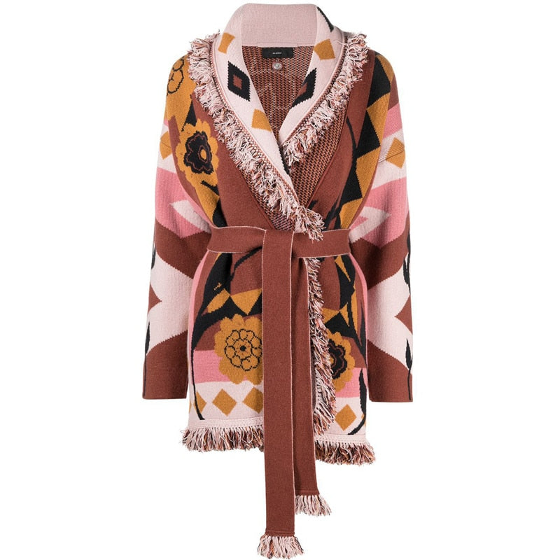 Fuzzy Floral Sweater Cardigan Slouchy Belt Coats For Women Winter Cozy Warm Wool Cashmere Boho Colorful Knitting ChicSoft Kimono