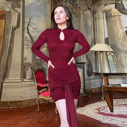 Long sleeved ribbon lace neckline hollow out twisted dress