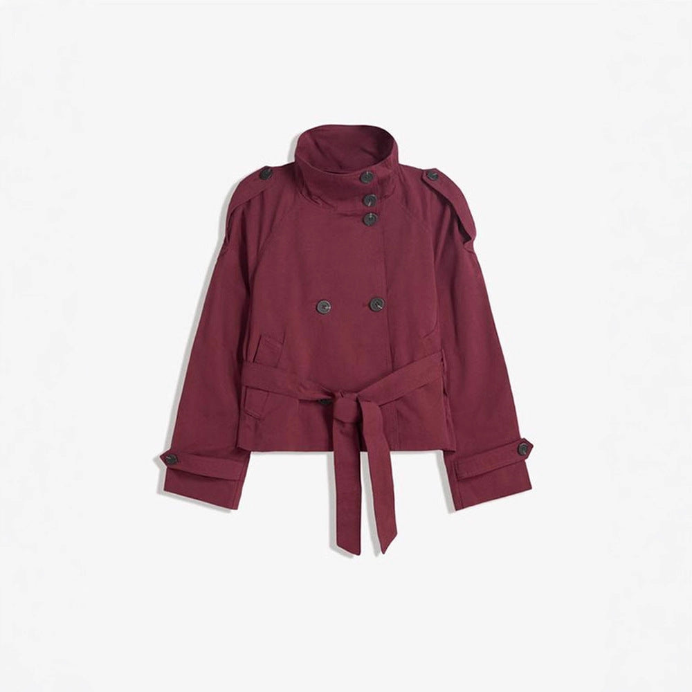 Vintage Double-Breasted Tied Lapel Design Long Sleeve Short Coat with Casual Style