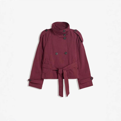 Vintage Double-Breasted Tied Lapel Design Long Sleeve Short Coat with Casual Style