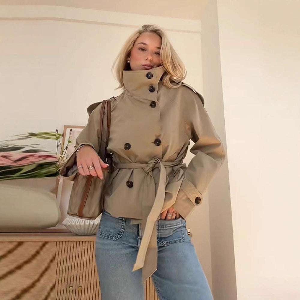 Vintage Double-Breasted Tied Lapel Design Long Sleeve Short Coat with Casual Style