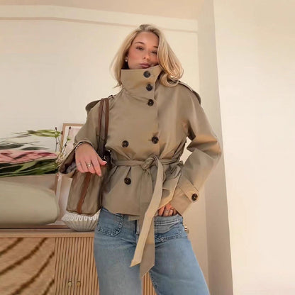 Vintage Double-Breasted Tied Lapel Design Long Sleeve Short Coat with Casual Style