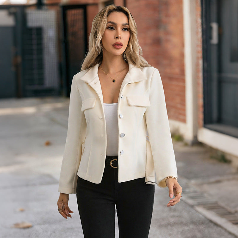 Elegant commuting style with lace up stand up collar solid color woolen coat