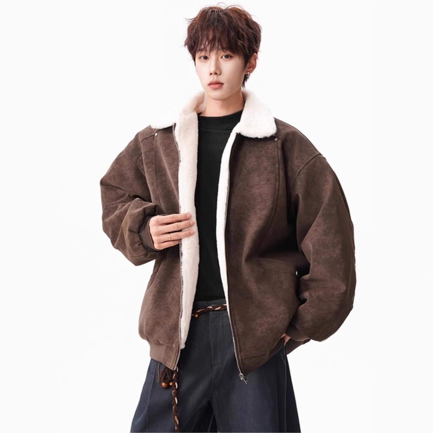 Lamb Velvet PU Leather Cotton Coat for Men Winter Barn Style Cool and Stylish Thick Warm PU Leather Work Jacket Outerwear