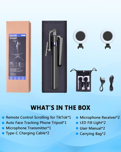 Vlogging Kit for iPhone/Android, 63”Auto Face Tracking Tripod for iPhone with Light, Wireless Microphones, Scrolling Remote Control for TikTok, Content Creator Kit for YouTube Starter