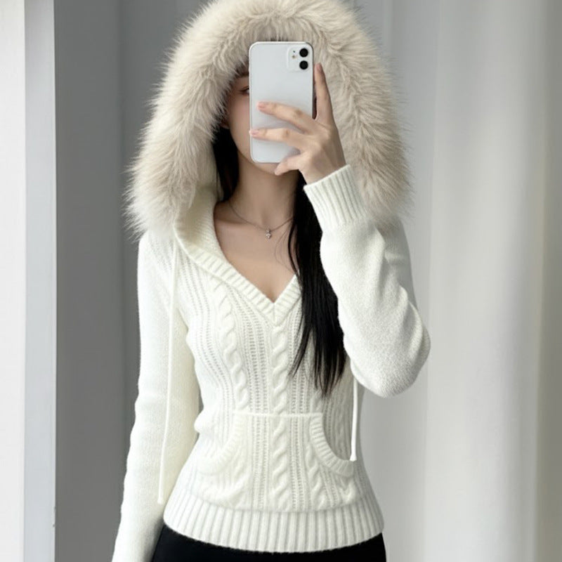 Hooded fur V-neck woven top slim fit and slimming jacket