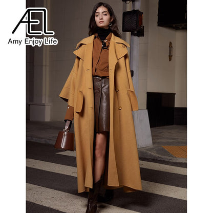 High End Customized Gardenia Yellow Big Cuffs Design Double-Sided Wool Coat Autumn And Winter New Women