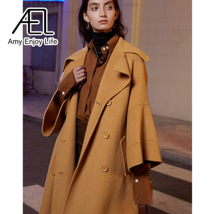 High End Customized Gardenia Yellow Big Cuffs Design Double-Sided Wool Coat Autumn And Winter New Women