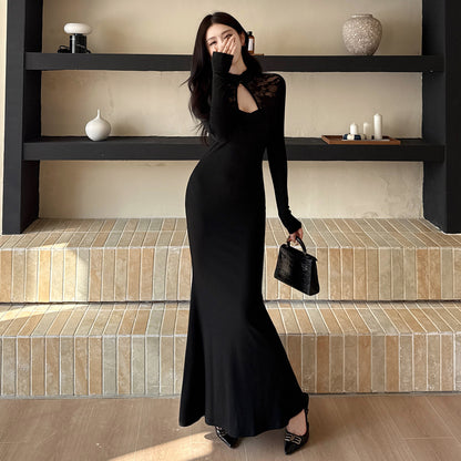 Lace patchwork open chest long sleeved fishtail dress for women