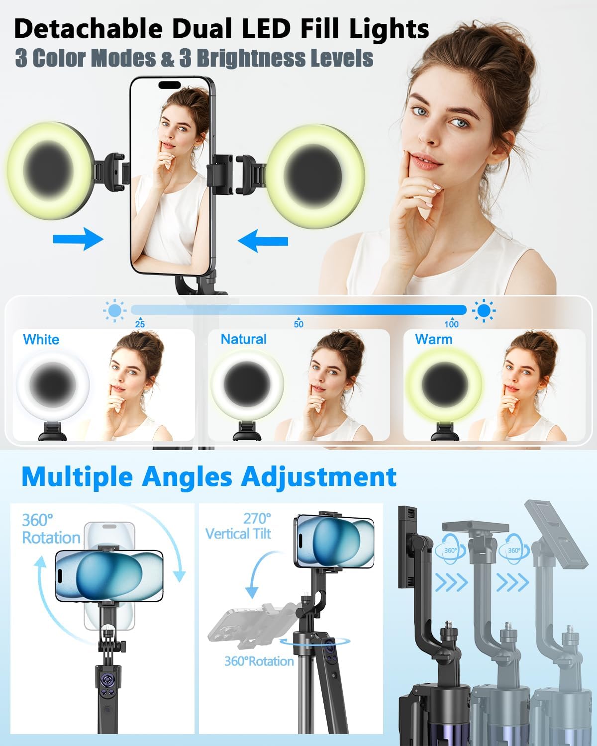 Vlogging Kit for iPhone/Android, 63”Auto Face Tracking Tripod for iPhone with Light, Wireless Microphones, Scrolling Remote Control for TikTok, Content Creator Kit for YouTube Starter