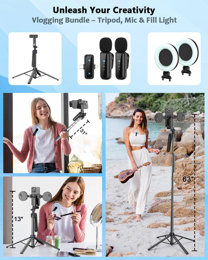 Vlogging Kit for iPhone/Android, 63”Auto Face Tracking Tripod for iPhone with Light, Wireless Microphones, Scrolling Remote Control for TikTok, Content Creator Kit for YouTube Starter