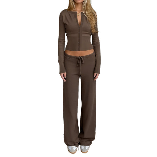 Waist knitted long sleeved top and loose pants set
