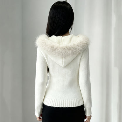Hooded fur V-neck woven top slim fit and slimming jacket