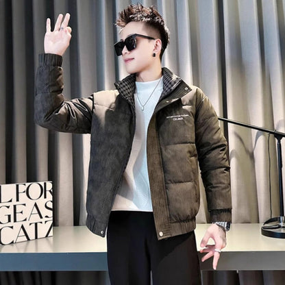 Fashion style Silhouette +Type of clothing  Urban streetwear style  Printed  Zipper closure  Stand collar  Short length  Men's winter coat