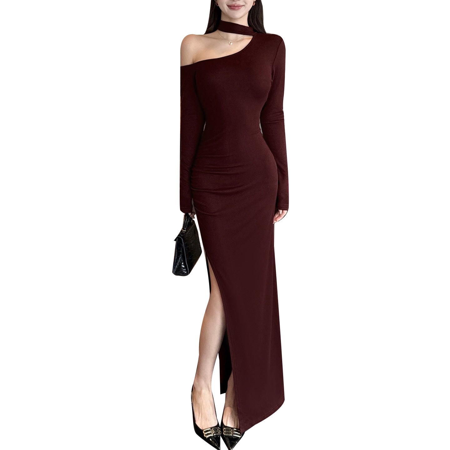 Slanted collar off shoulder hanging neck dress for women