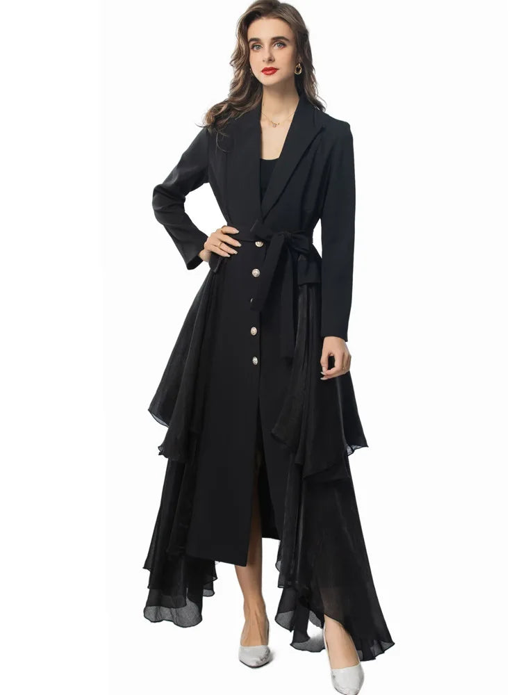 Single breasted ruffle edge split tie long sleeved windbreaker jacket