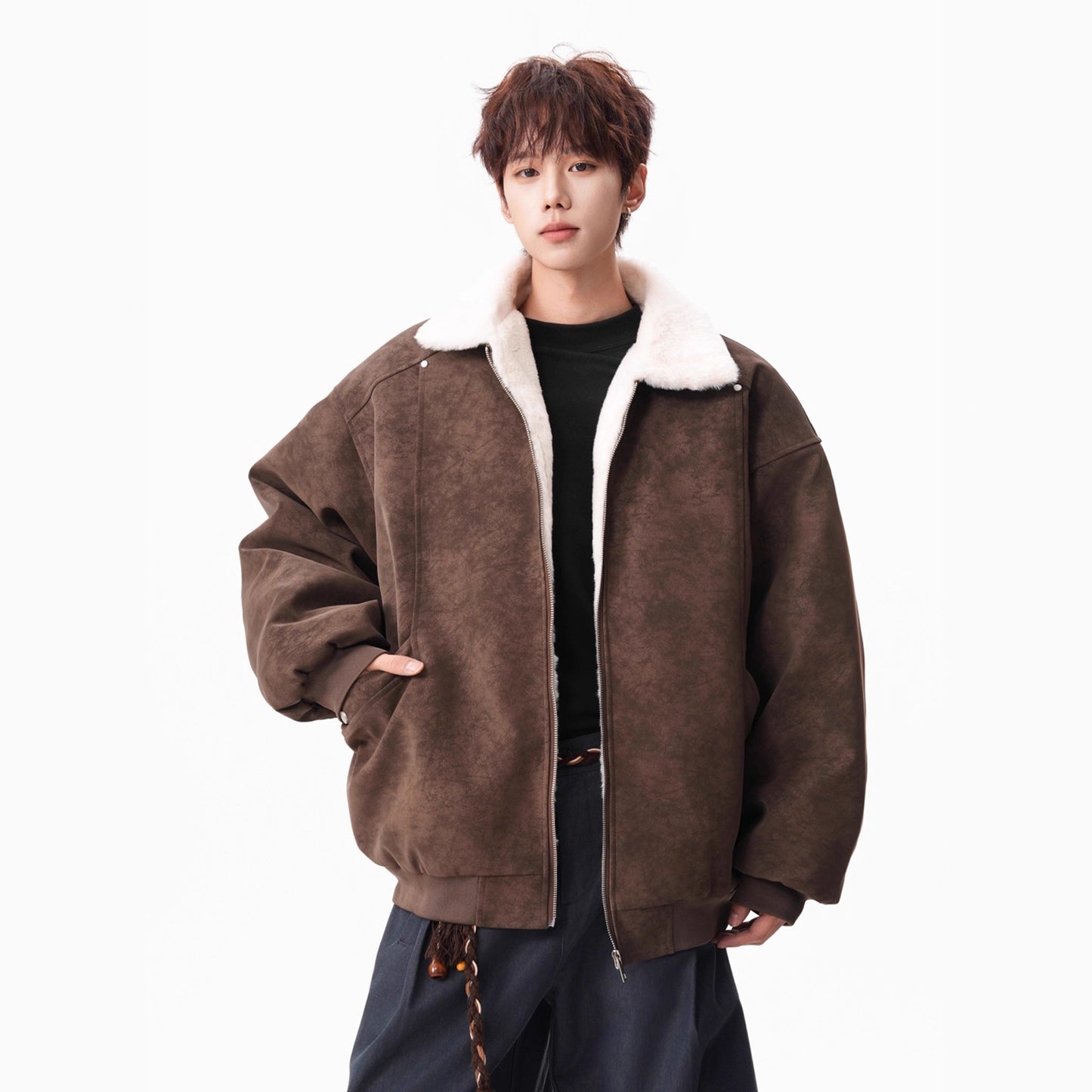 Lamb Velvet PU Leather Cotton Coat for Men Winter Barn Style Cool and Stylish Thick Warm PU Leather Work Jacket Outerwear