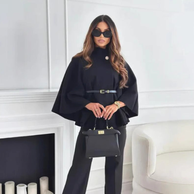 Fashionable Elegant Woolen Cape Coat for Women with Belted Waist, Solid Color, Winter Style