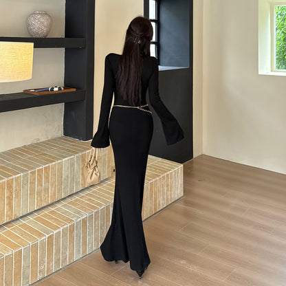 Deep V Beaded Royal Sister Wind Spicy Girl Waist Pack Hip Dress