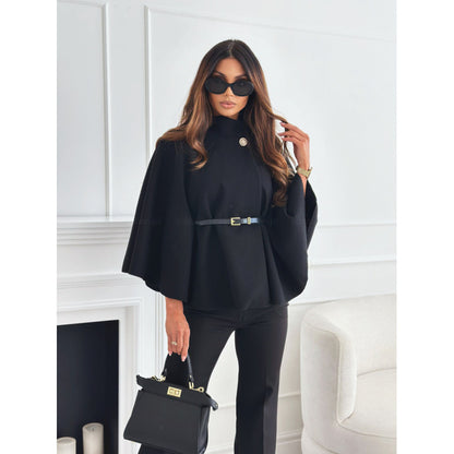 Fashionable Elegant Woolen Cape Coat for Women with Belted Waist, Solid Color, Winter Style