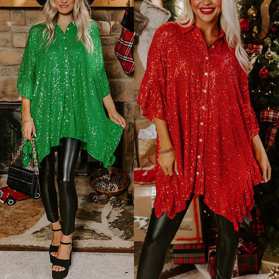 Christmas Mid-Sleeve Sequin Shirt for Women's Loose Casual Top