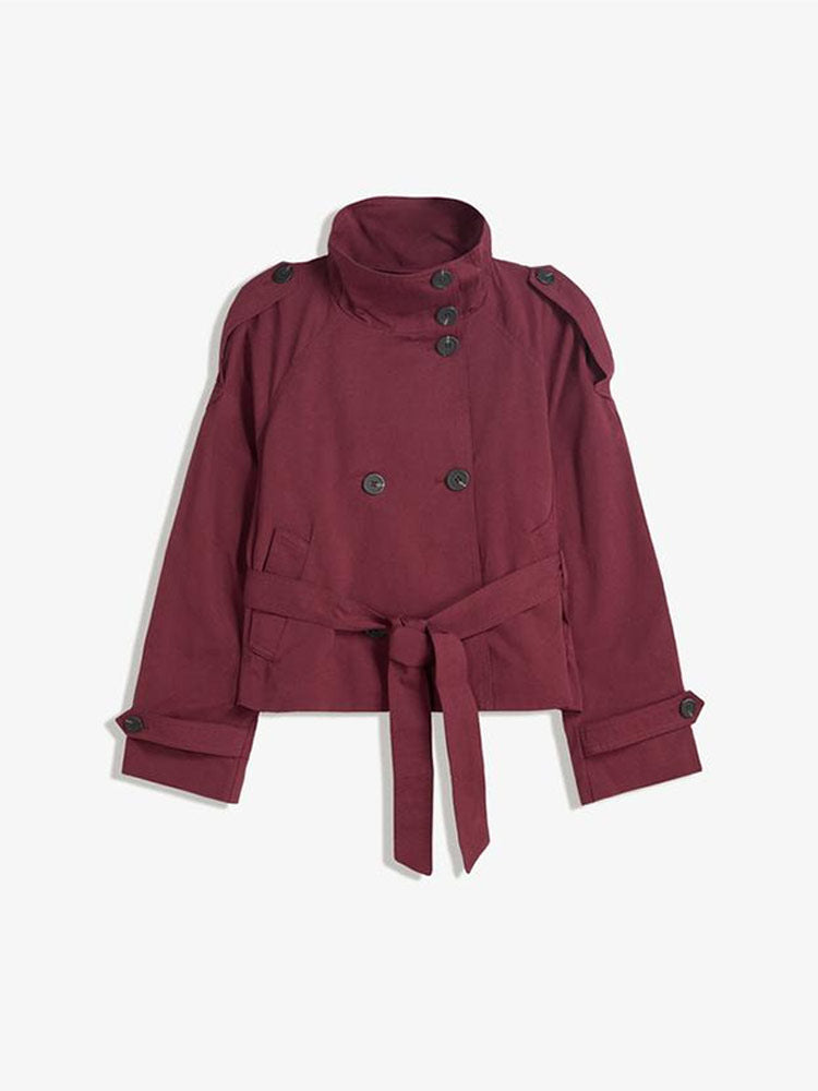 Vintage Double-Breasted Tied Lapel Design Long Sleeve Short Coat with Casual Style