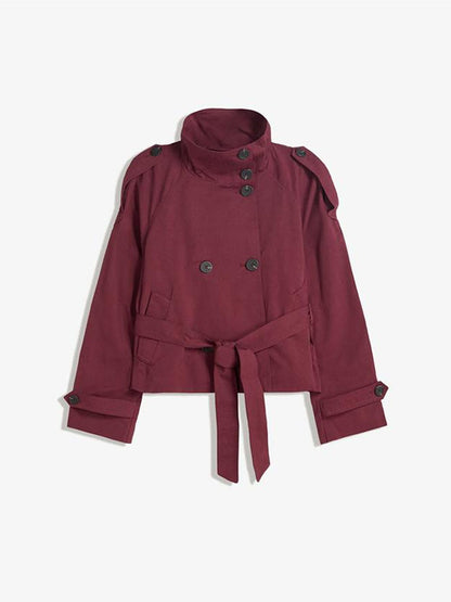 Vintage Double-Breasted Tied Lapel Design Long Sleeve Short Coat with Casual Style