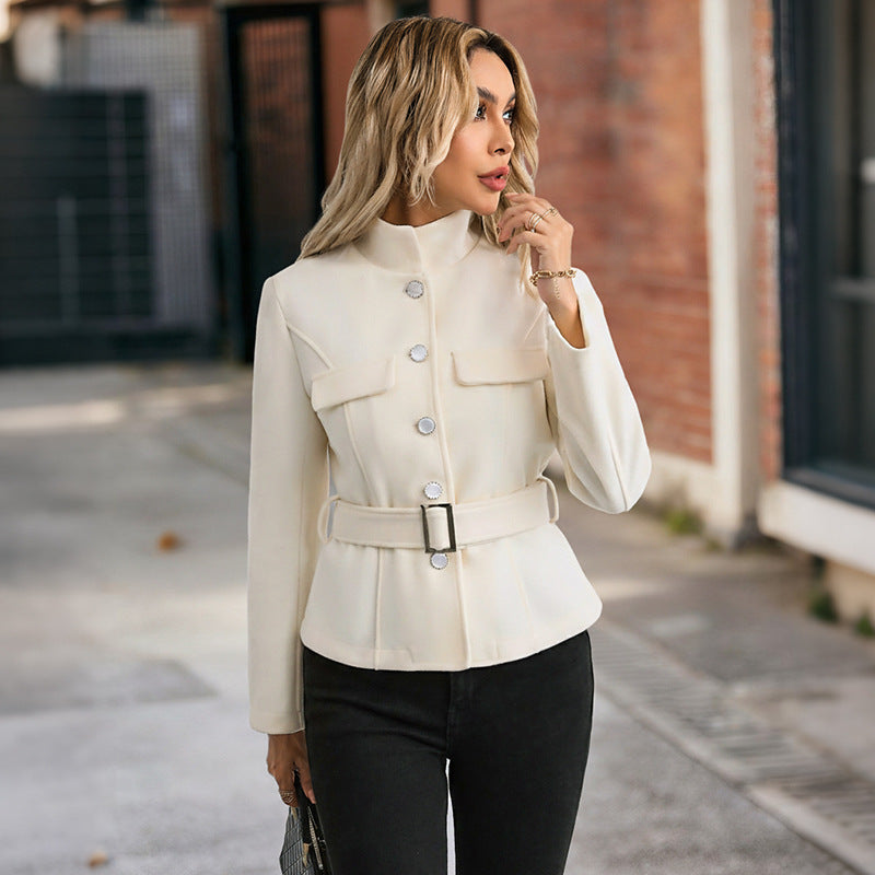 Elegant commuting style with lace up stand up collar solid color woolen coat