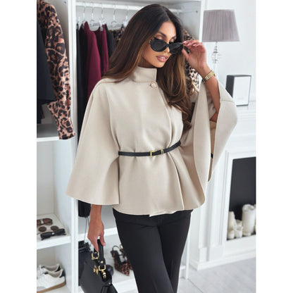 Fashionable Elegant Woolen Cape Coat for Women with Belted Waist, Solid Color, Winter Style
