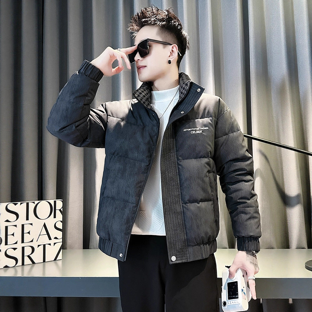 Fashion style Silhouette +Type of clothing  Urban streetwear style  Printed  Zipper closure  Stand collar  Short length  Men's winter coat