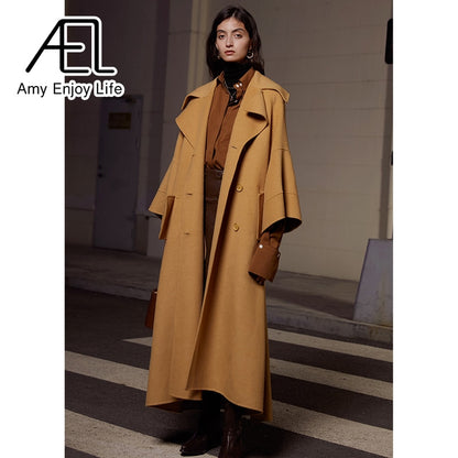 High End Customized Gardenia Yellow Big Cuffs Design Double-Sided Wool Coat Autumn And Winter New Women