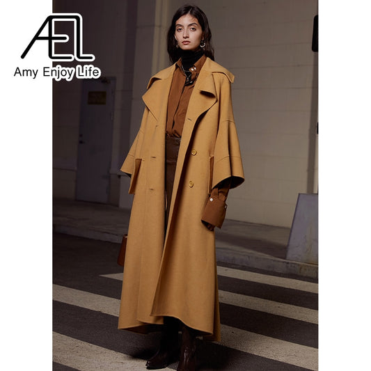 High End Customized Gardenia Yellow Big Cuffs Design Double-Sided Wool Coat Autumn And Winter New Women