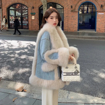 Denim Fur Splicing Coat Women's Environmental Protection Imitation Fox Fur Winter Overcoats New Popular Mid-Length Coats
